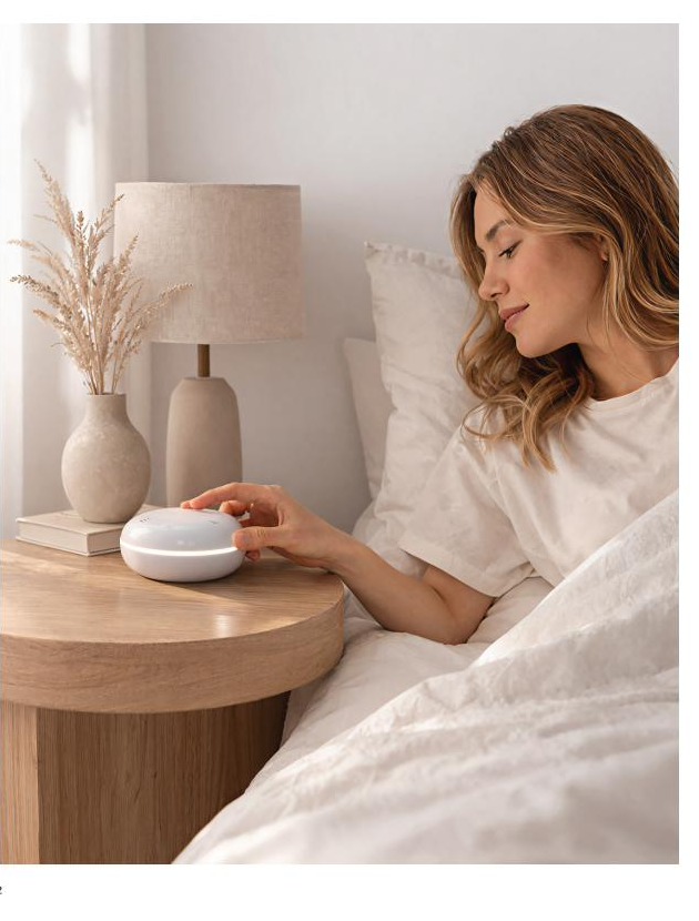 Woman sleeping peacefully with Clervo IAQ on her bedside table