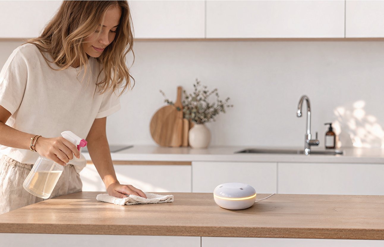 Person cleaning a kitchen counter with Clervo IAQ monitoring VOC levels nearby